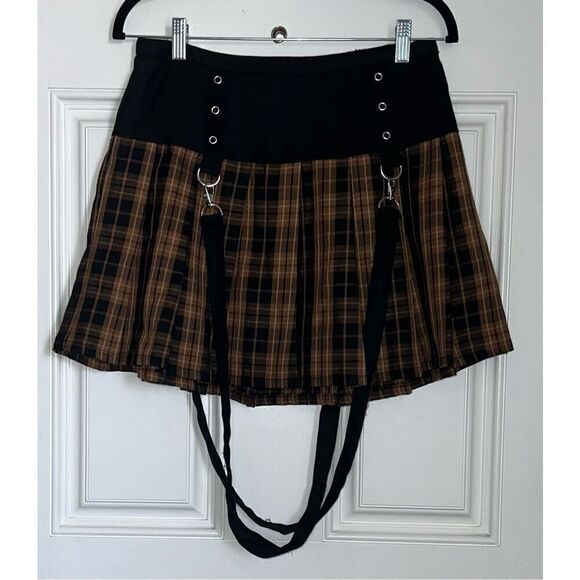 Brown Plaid Pleated Suspender Skirt (Med) - Picture 3 of 7